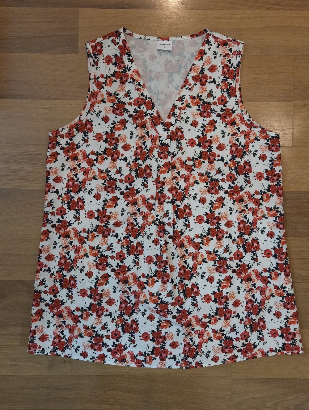 Sleeveless V-Neck Floral Tank Top - White with Red Floral Print